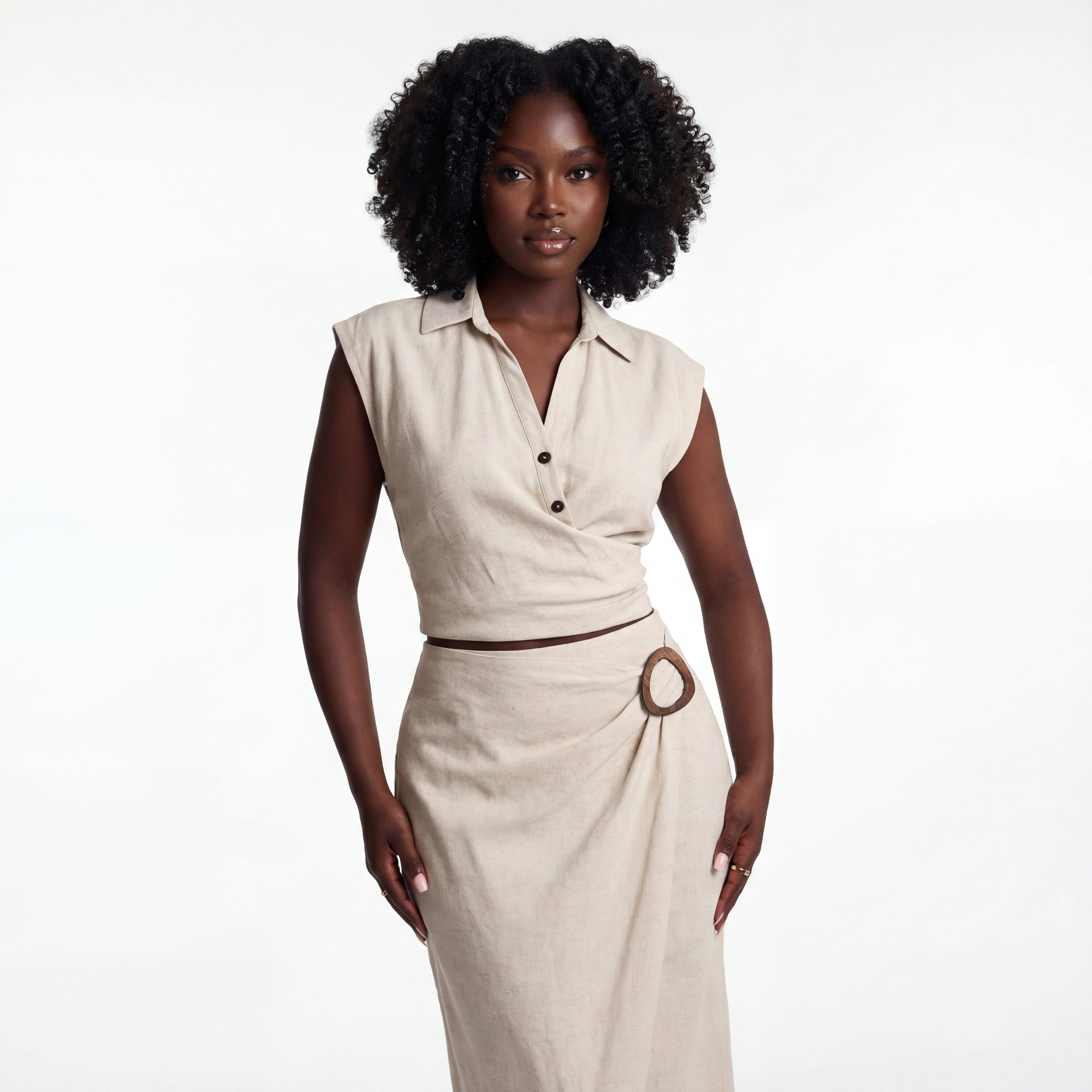 Beige Pleated V-Neck Top & Buckle Detail Skirt Co-ord