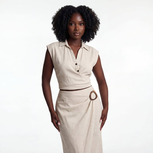 Beige Pleated V-Neck Top & Buckle Detail Skirt Co-ord