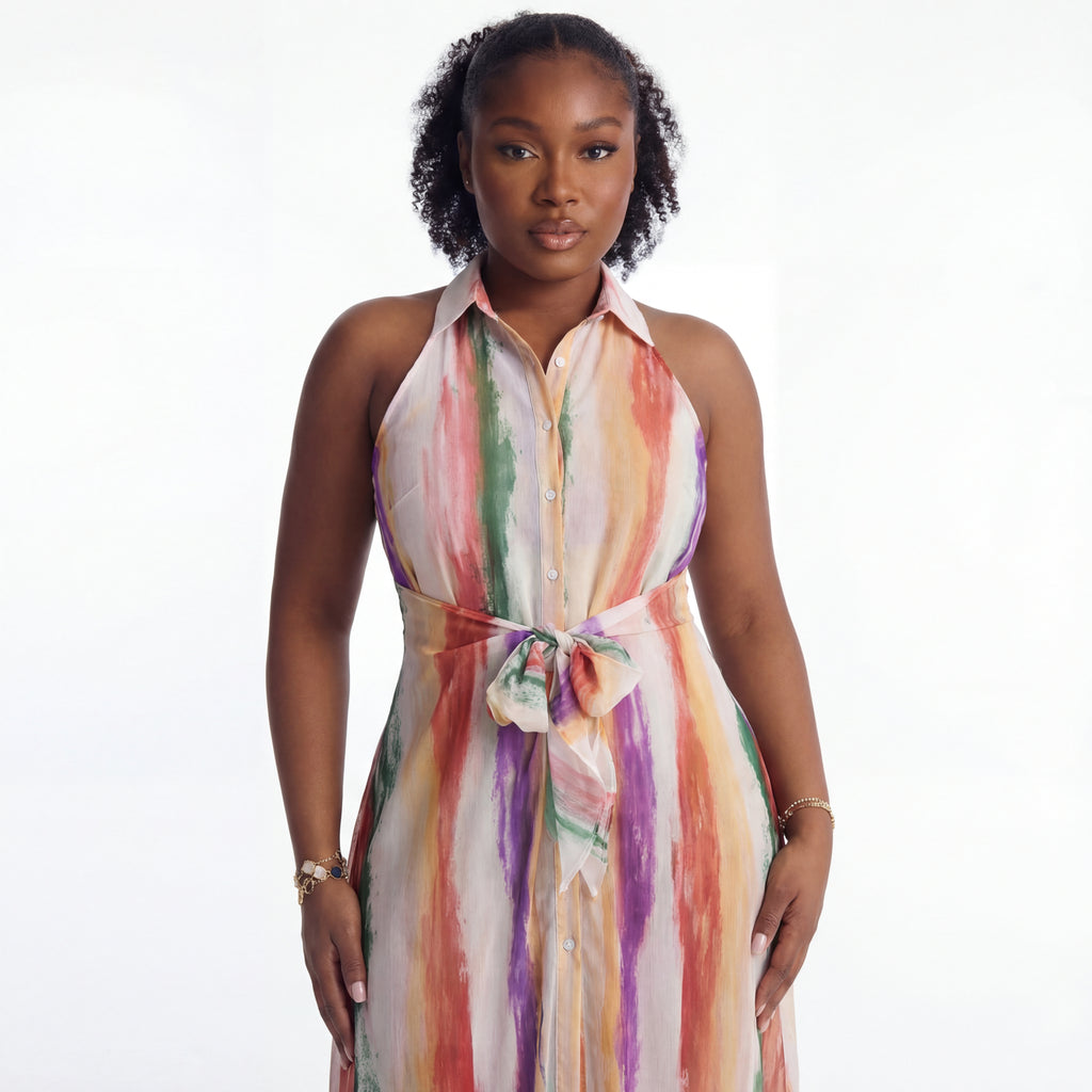 Multi-Color Turn Down Collar Long Dress