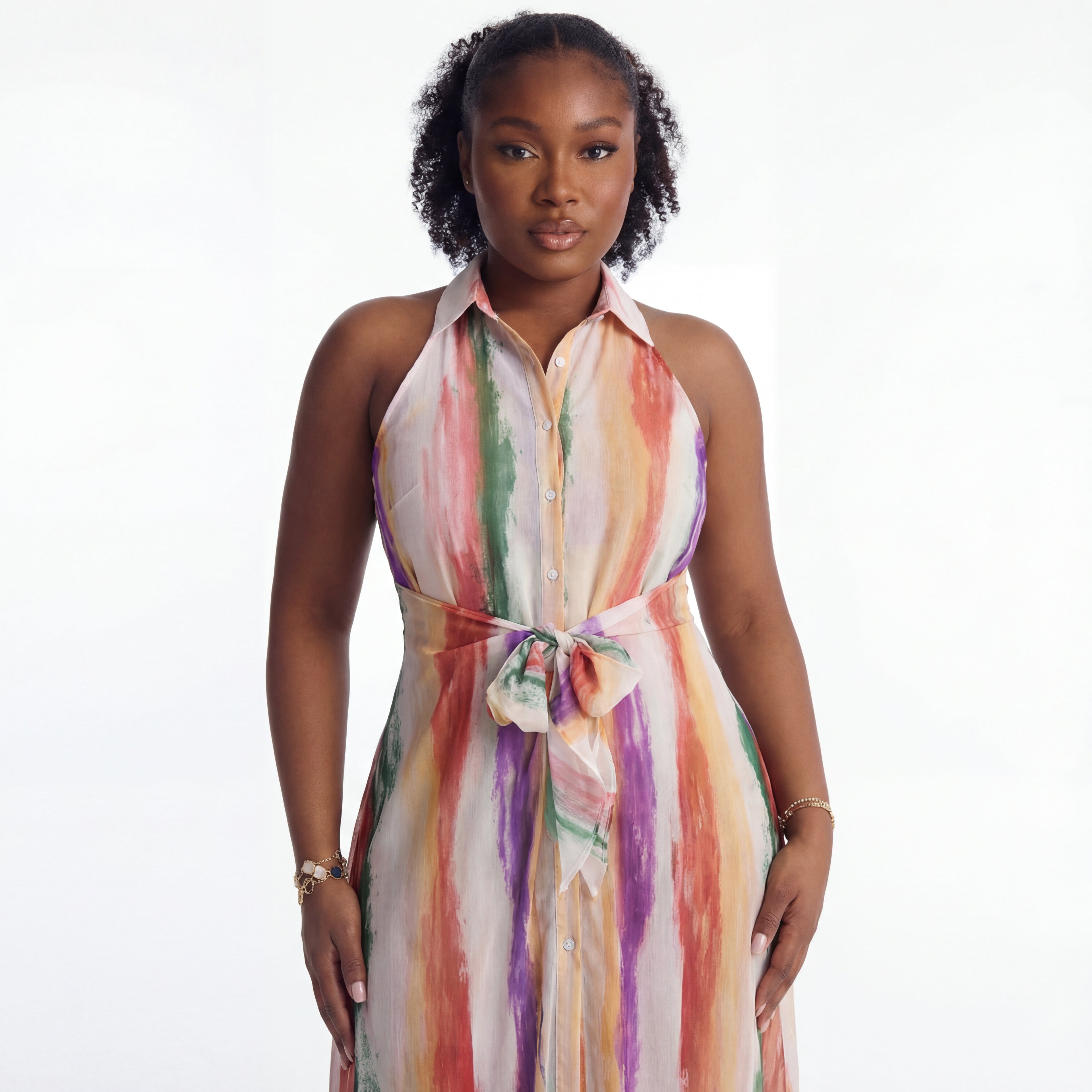Multi-Color Turn Down Collar Long Dress