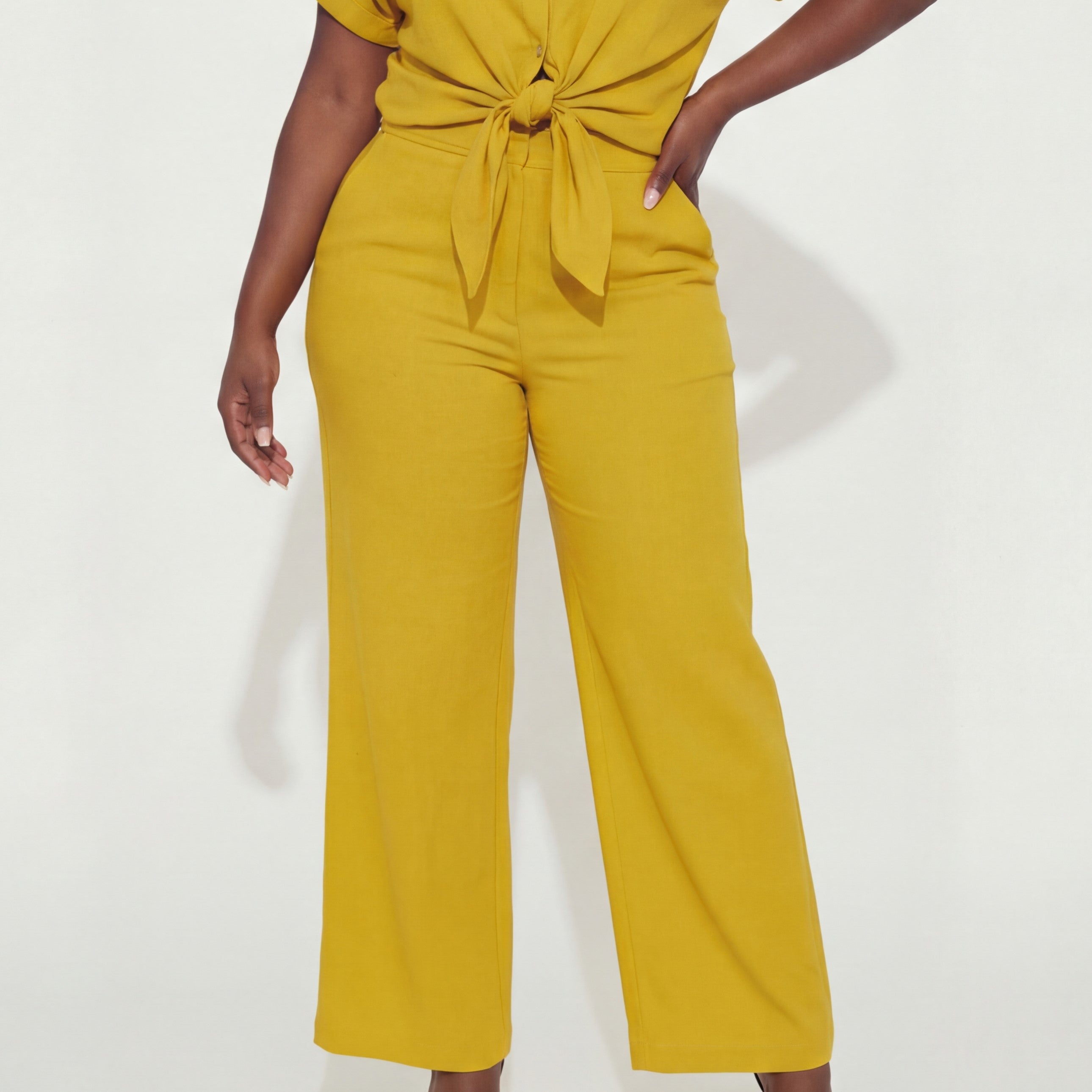 Yellow Twisted Knot Button-Down & High-Waist Straight Leg Set