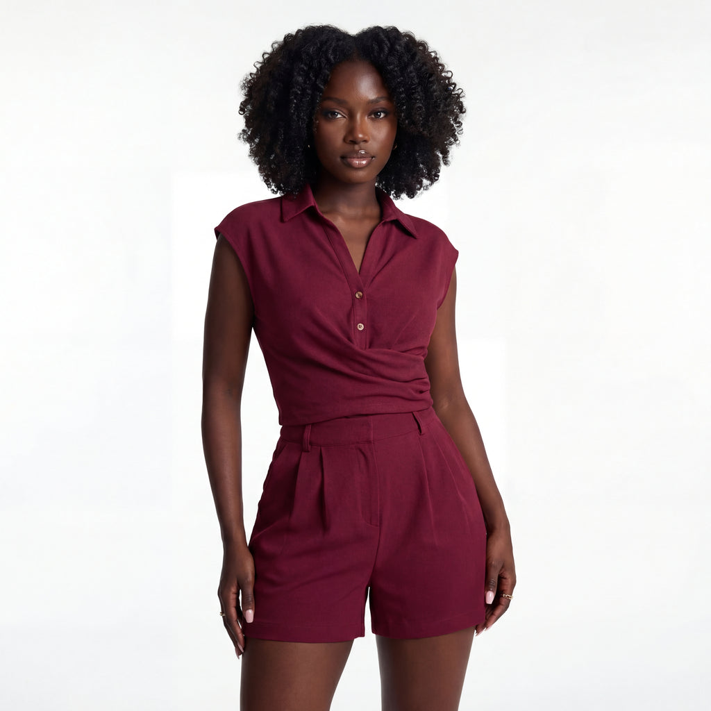 Linen Blend Double-Breasted Vest & Pleated Shorts Set