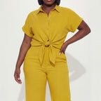 Yellow Twisted Knot Button-Down & High-Waist Straight Leg Set