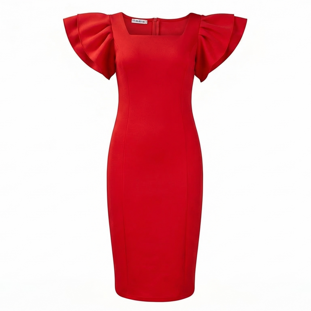 Slim Fit Belted Ruffle-Sleeve Office Dress