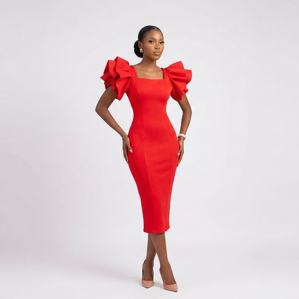 Slim Fit Belted Ruffle-Sleeve Office Dress