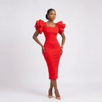 Slim Fit Belted Ruffle-Sleeve Office Dress