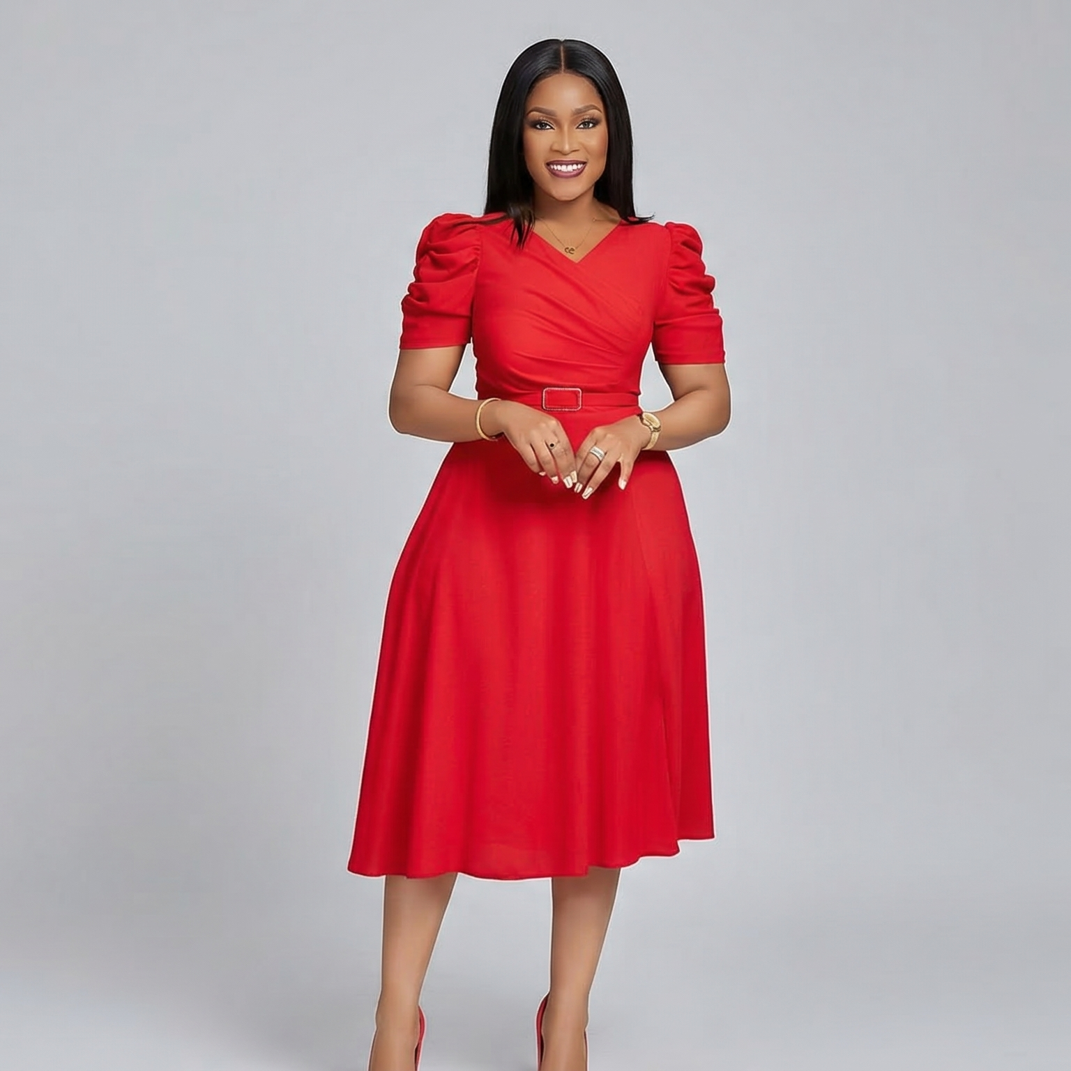 The Elegant V-Neck Puff Sleeve Dress