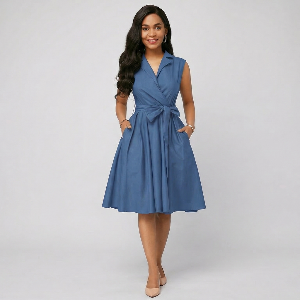 Woman wearing a blue dress with a white background