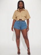 Slaydiva Casual Street Style White Polo Collar Pocket Crop Top