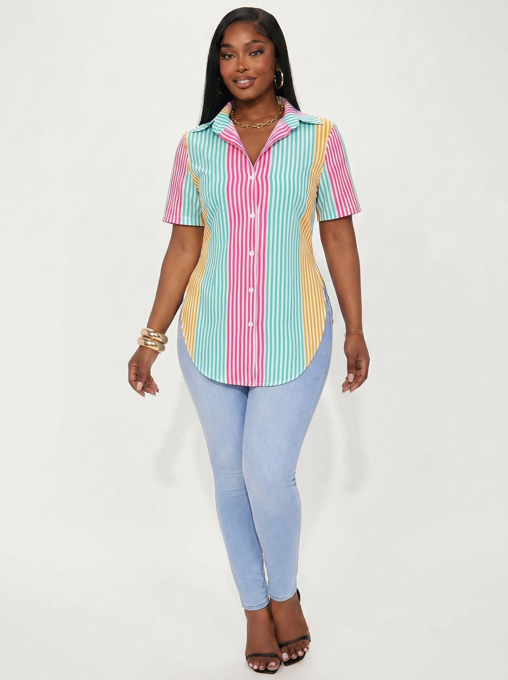 Xyvia Contrast Color Striped Print Front Button Asymmetrical Hem Short Sleeve Shirt