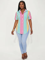 Xyvia Contrast Color Striped Print Front Button Asymmetrical Hem Short Sleeve Shirt