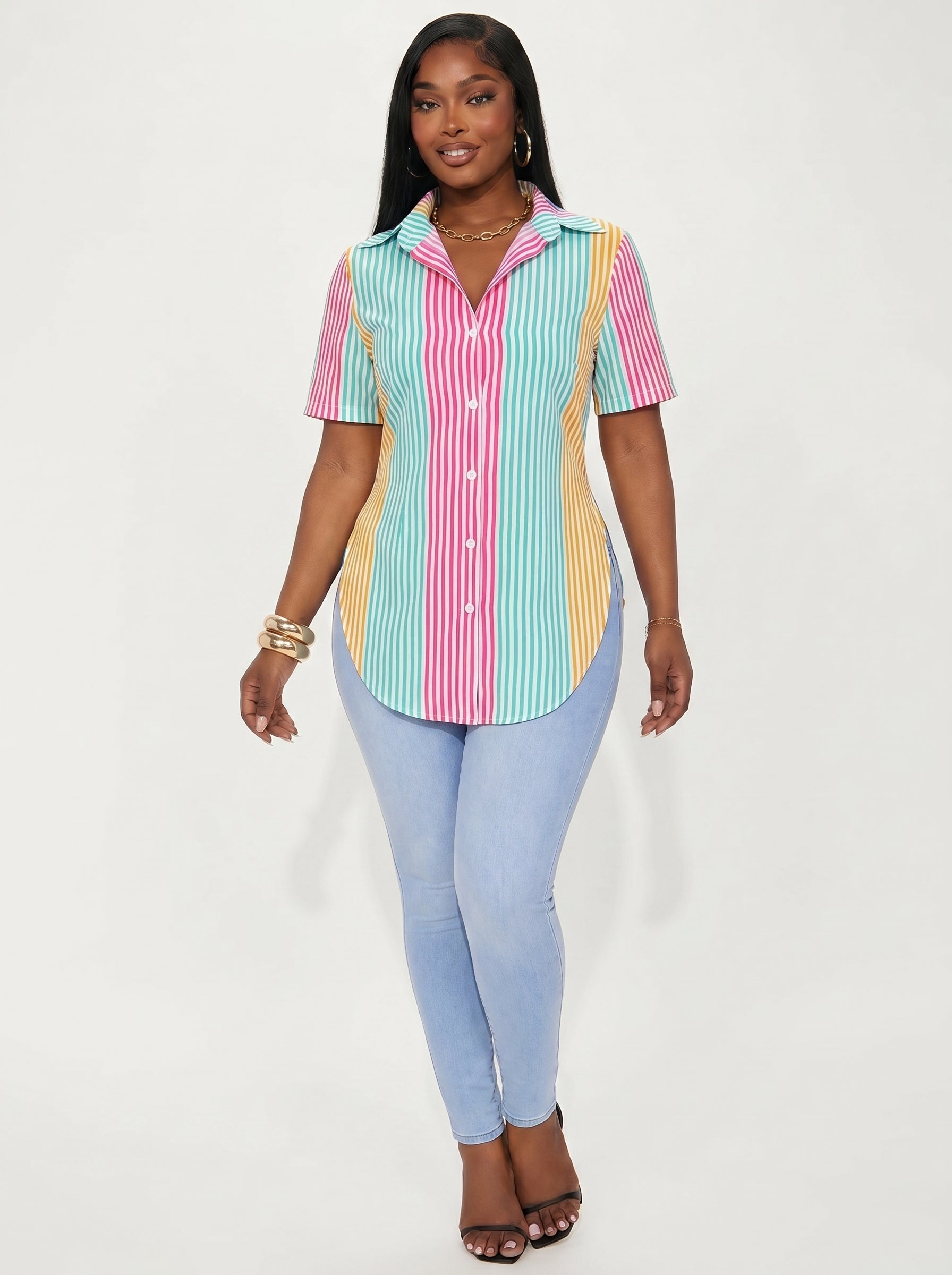 Xyvia Contrast Color Striped Print Front Button Asymmetrical Hem Short Sleeve Shirt