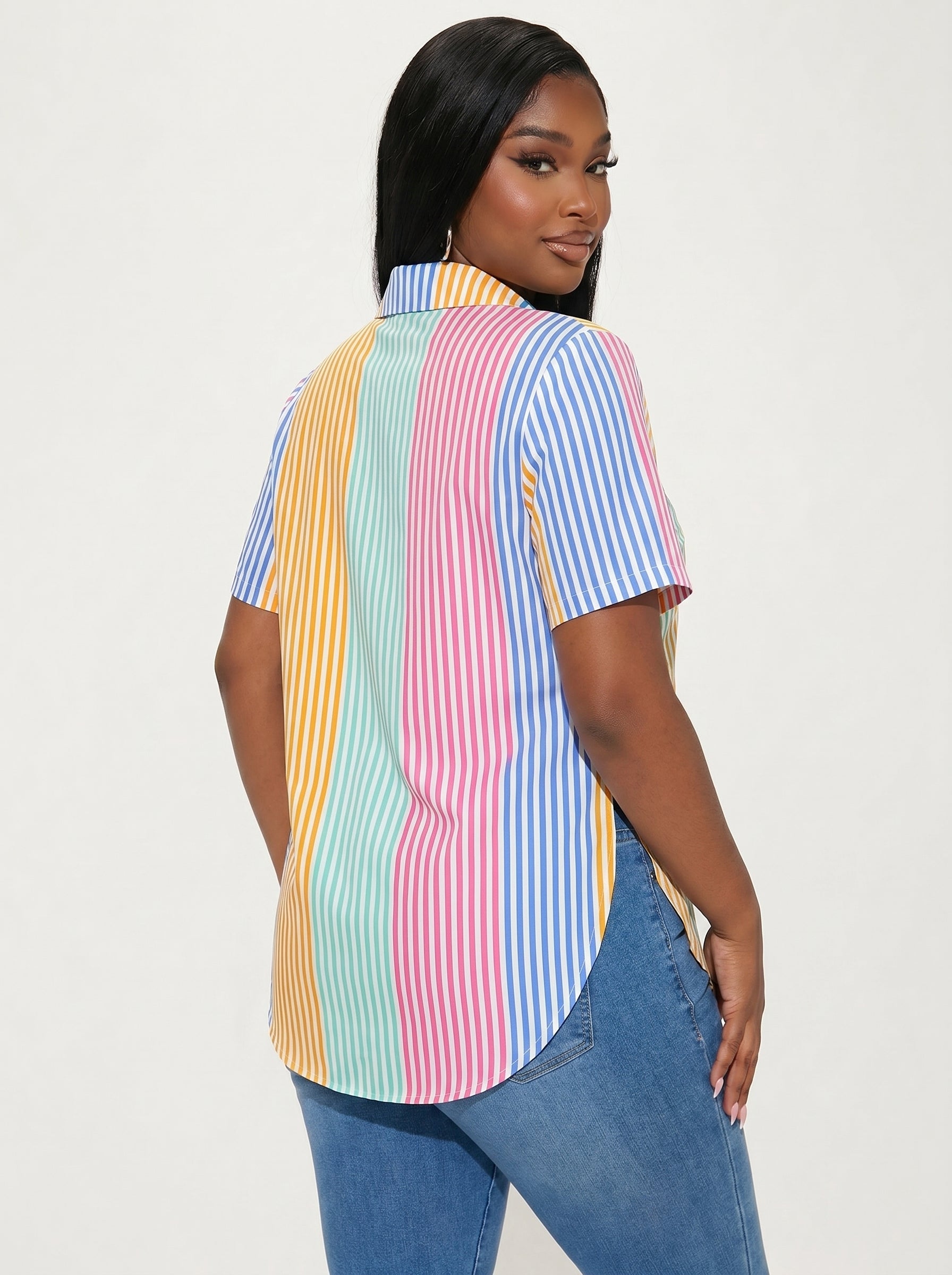 Xyvia Contrast Color Striped Print Front Button Asymmetrical Hem Short Sleeve Shirt