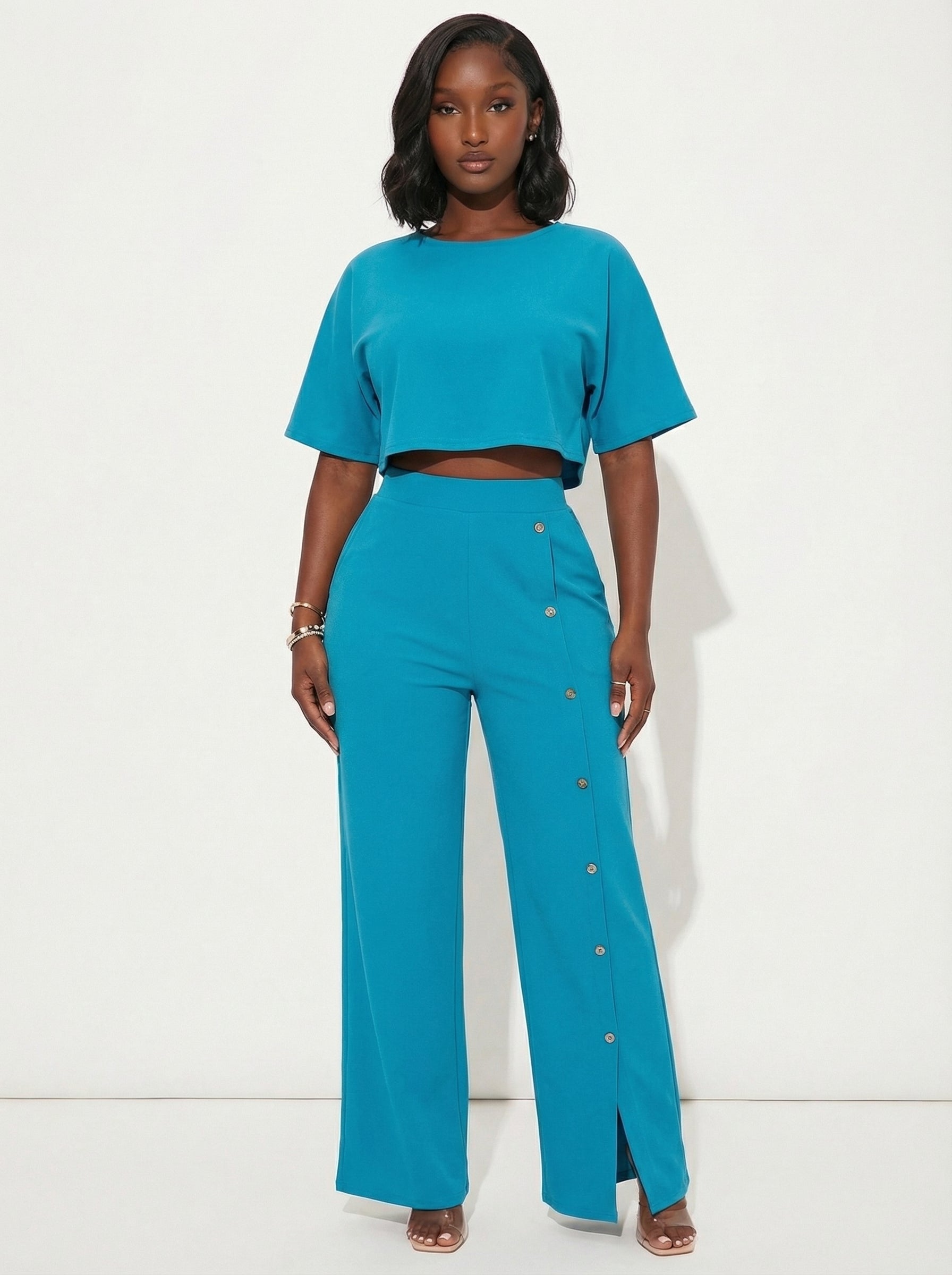 Chill Mode Crop Top & Wide Leg Pants Set - Blue