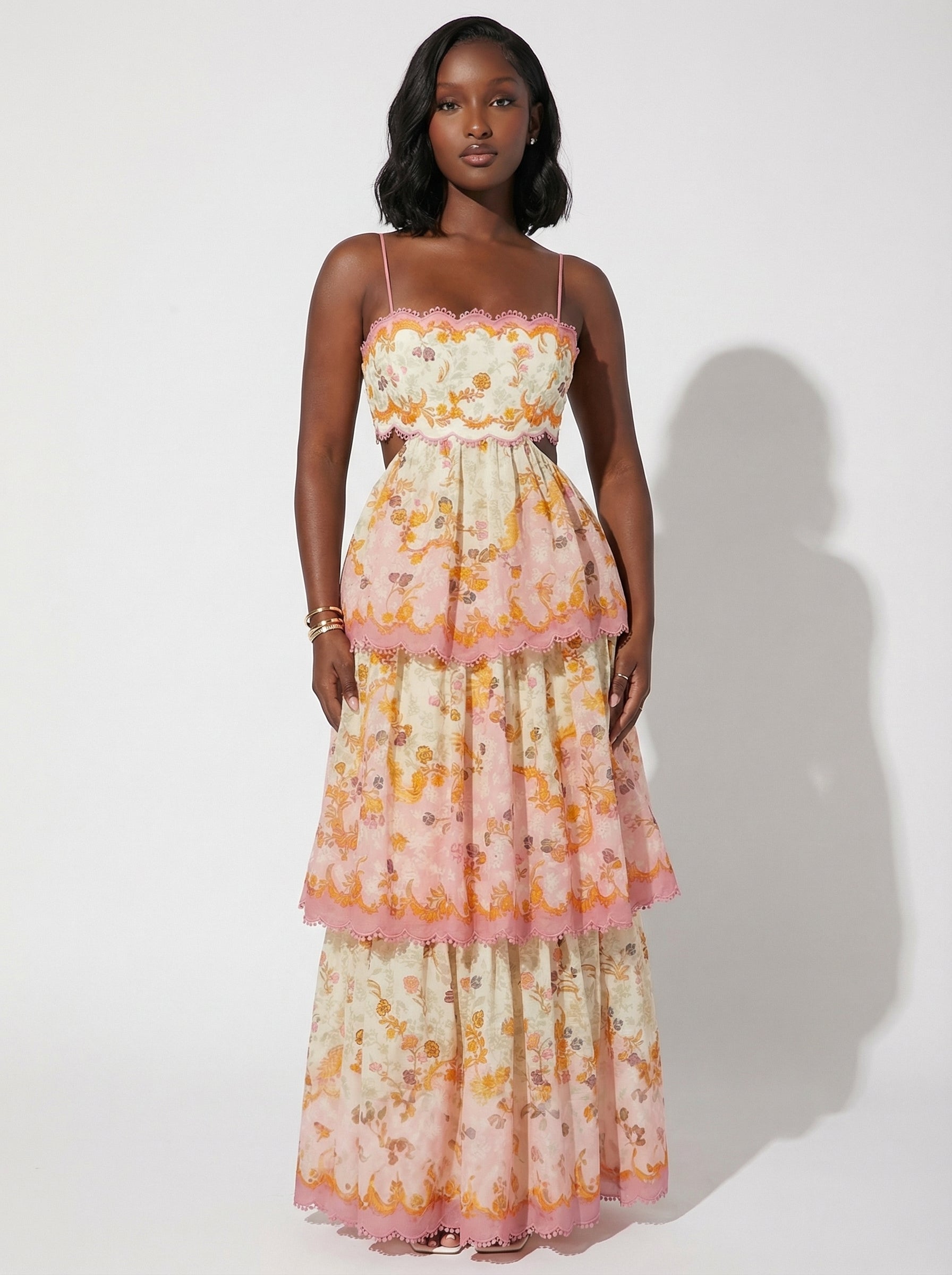 Fringe Benefits Embroidered Cut-Out Tiered Midi Dress