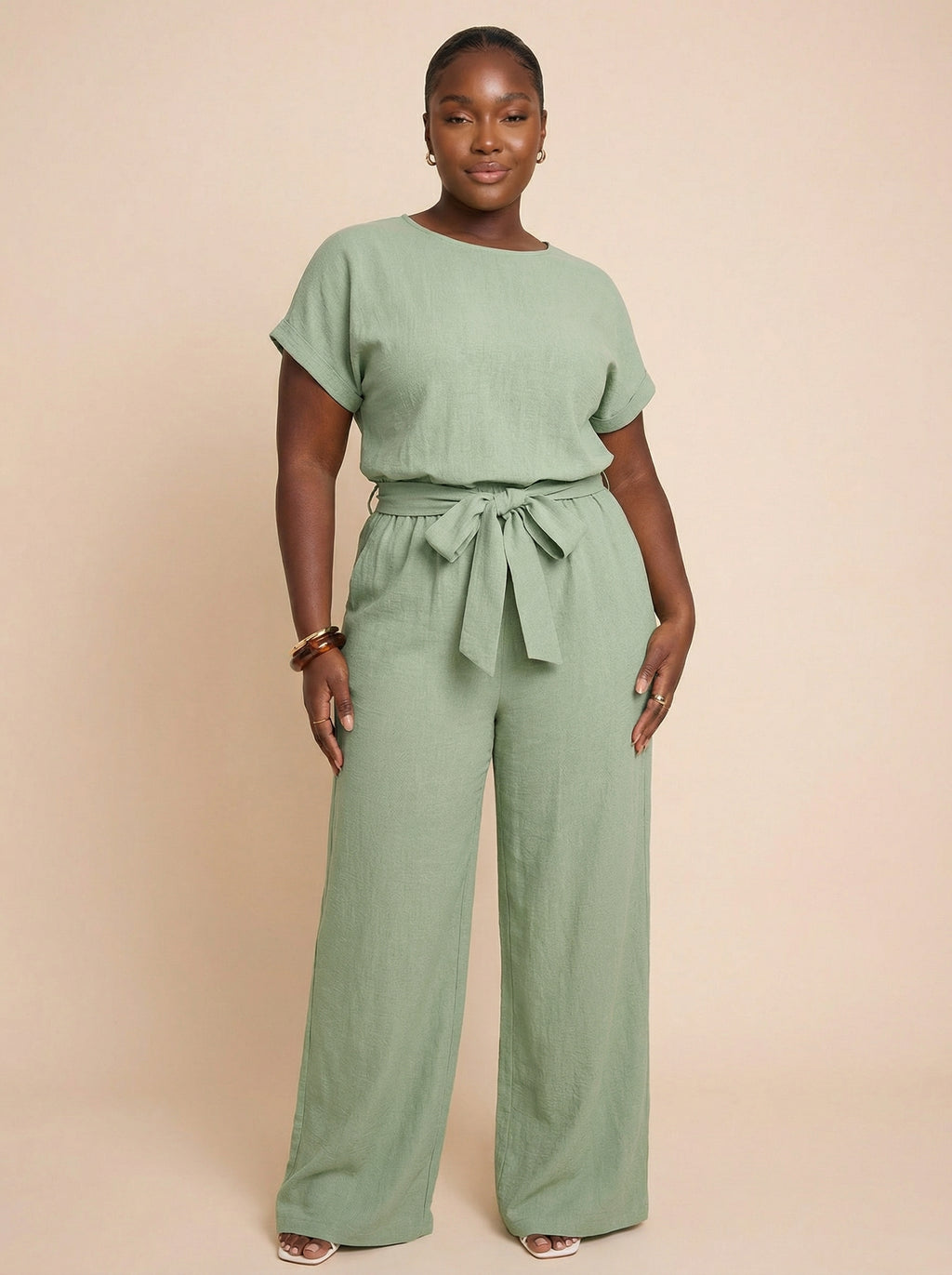 SHEIN Clasi No Fuss Linen Tie Waist Pleated Jumpsuit