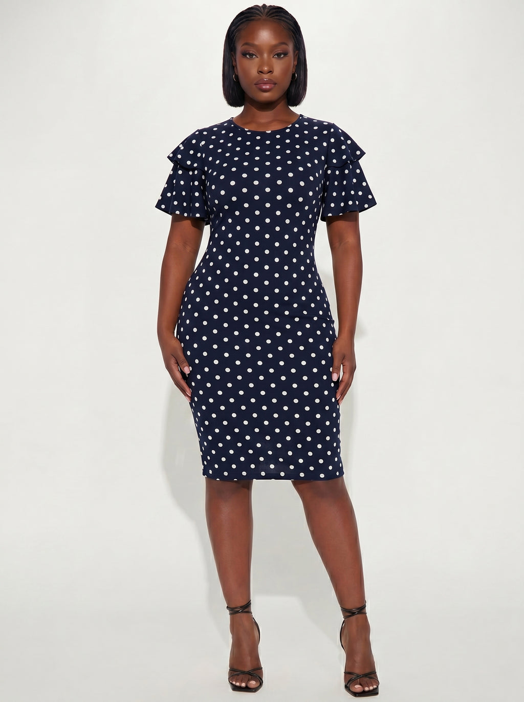 Fleurora Black Elegant Geometric Polka Dot Print Double Layer Ruffle Sleeve Dress