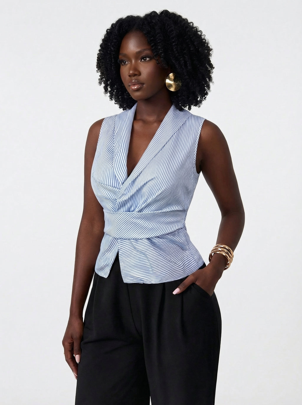 Boardroom Babe Striped Ruffle Wrap Top