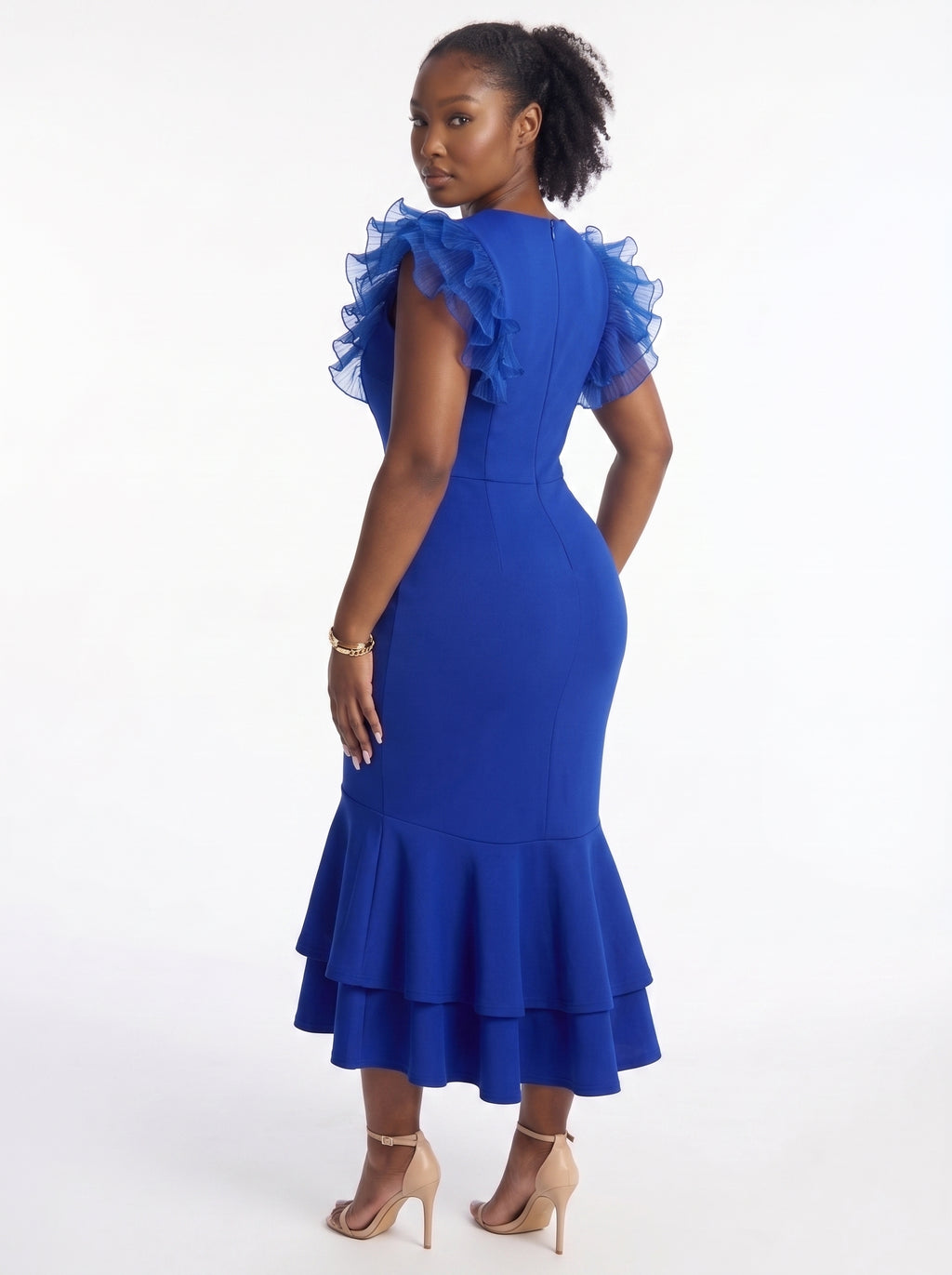 Blue Ruffle Fishtail Midi Dress