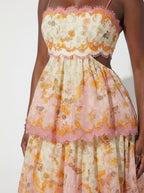 Fringe Benefits Embroidered Cut-Out Tiered Midi Dress