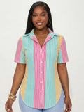Xyvia Contrast Color Striped Print Front Button Asymmetrical Hem Short Sleeve Shirt