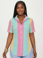 Xyvia Contrast Color Striped Print Front Button Asymmetrical Hem Short Sleeve Shirt