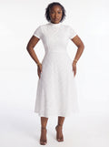 Lady Women Hollow-Out Embroidered Waist Cinched Short Sleeve Dress