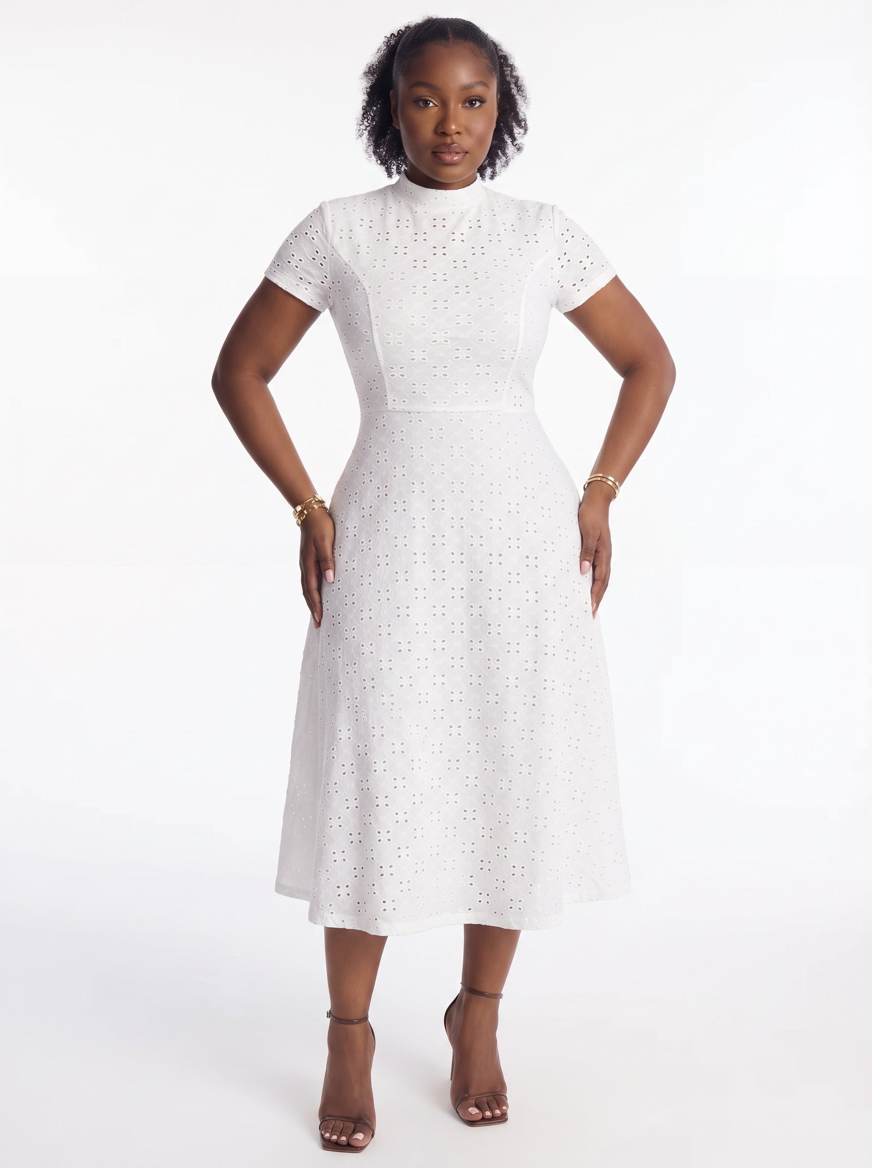 Lady Women Hollow-Out Embroidered Waist Cinched Short Sleeve Dress