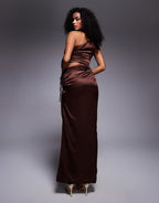Simmi London Elodie chocolate satin drape maxi skirt in brown