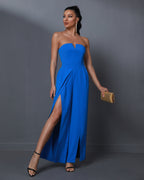 Royal Flush Strapless Draped Slit Maxi JumpSuit - Blue