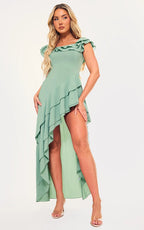 Sage Green Bardot Ruffle Detail Midi Dress