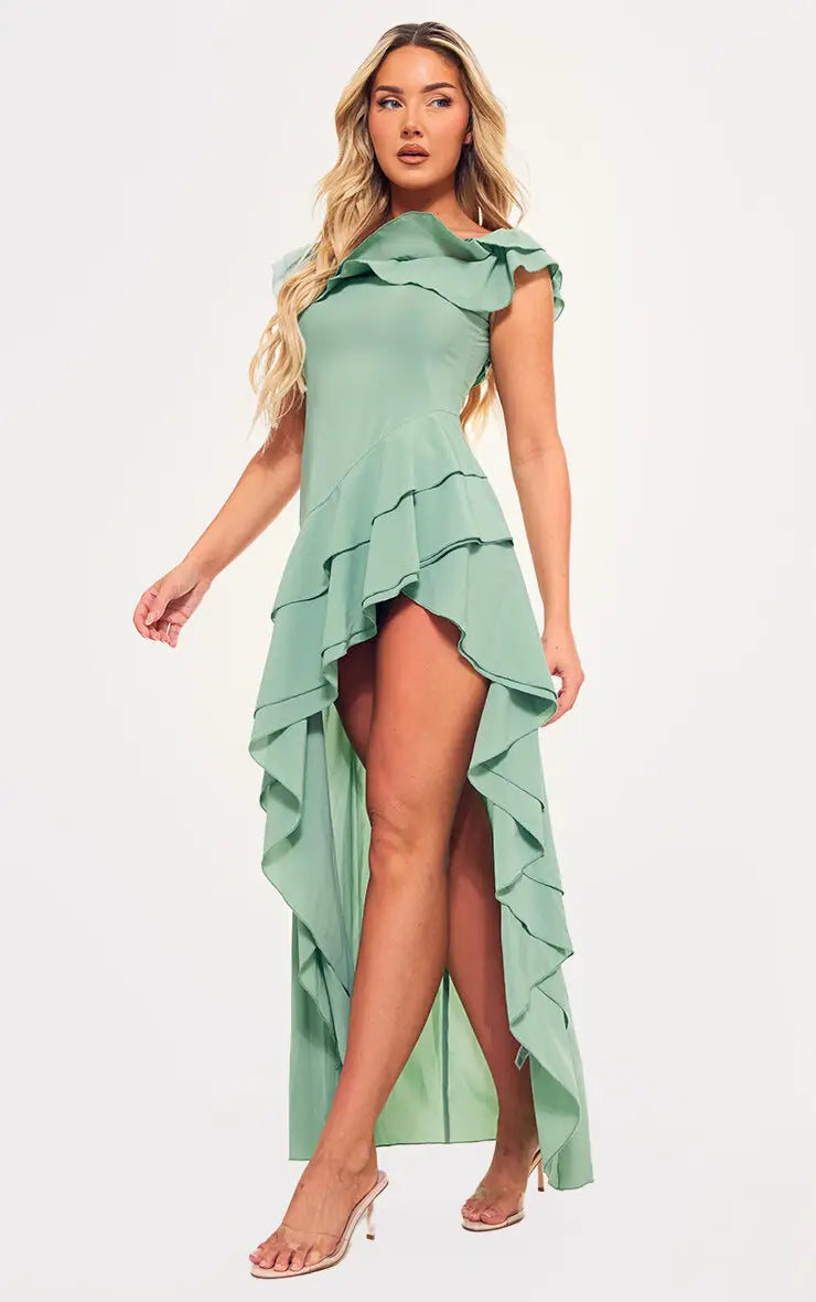 Sage Green Bardot Ruffle Detail Midi Dress