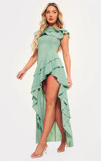 Sage Green Bardot Ruffle Detail Midi Dress