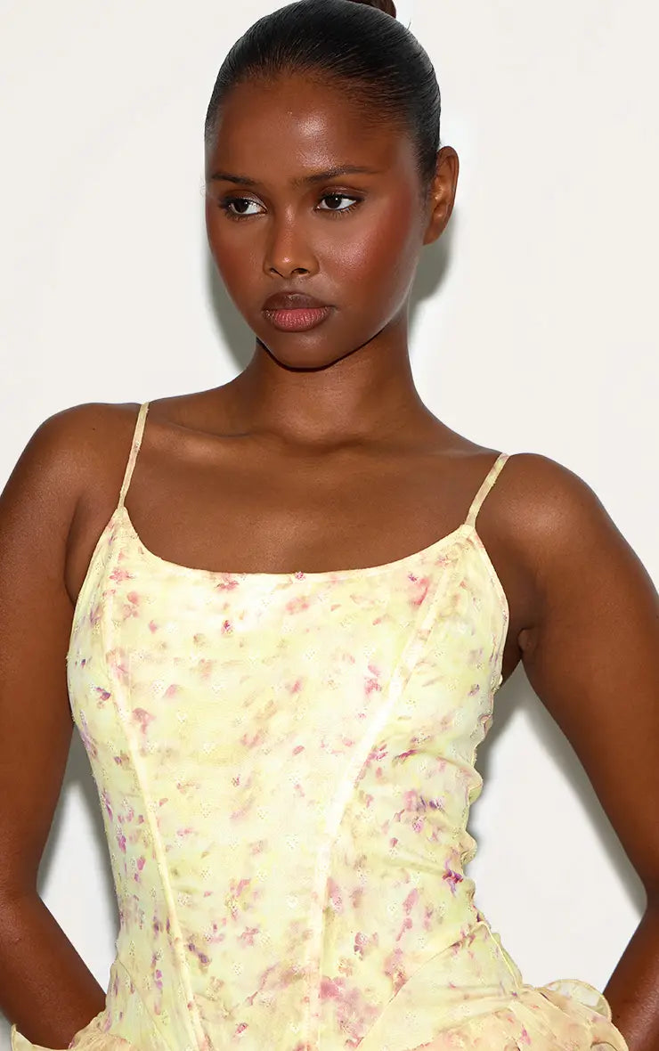 Lemon Floral Chiffon Strappy Frill Detail Playsuit