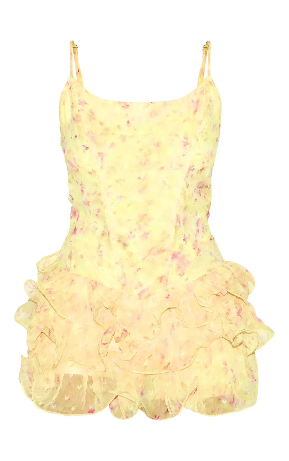 Lemon Floral Chiffon Strappy Frill Detail Playsuit
