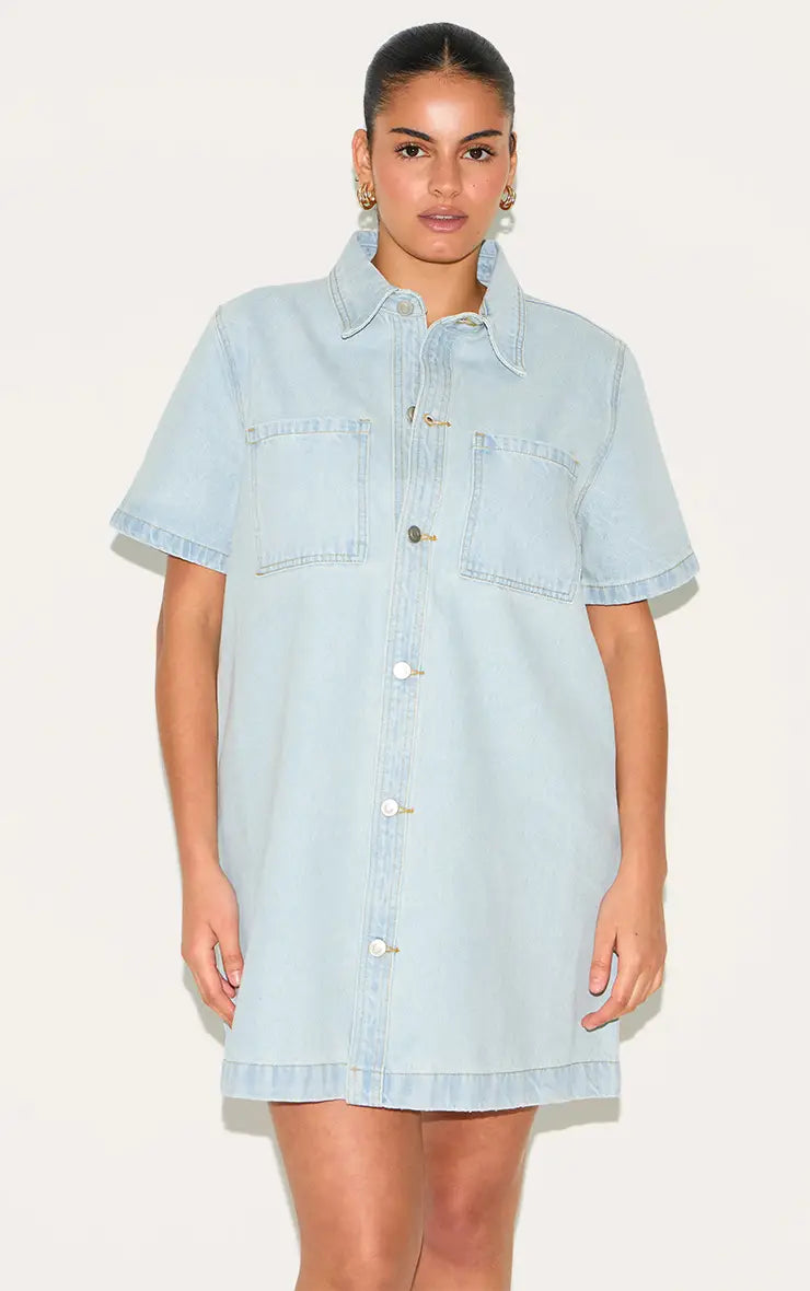 Plus Light Blue Contrast Stitch Denim Shirt Dress