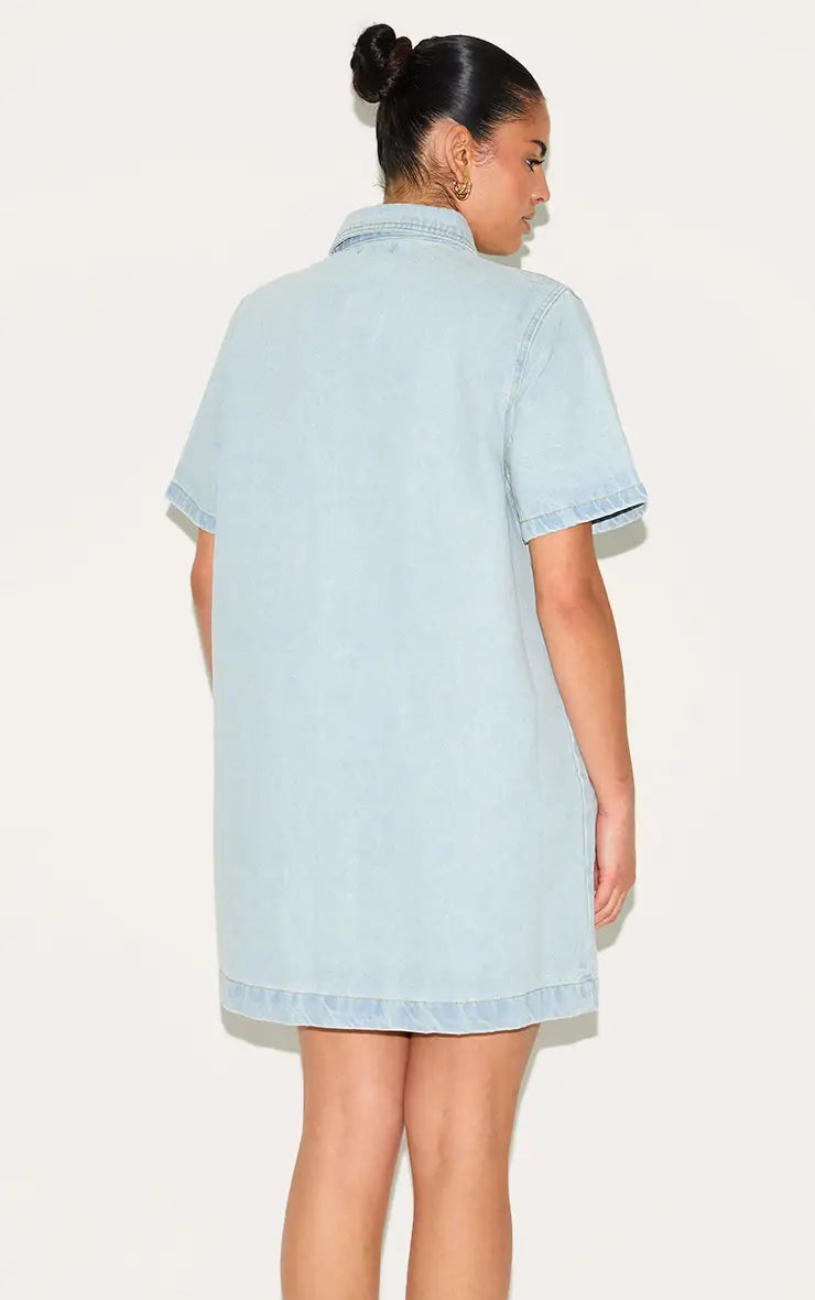 Plus Light Blue Contrast Stitch Denim Shirt Dress