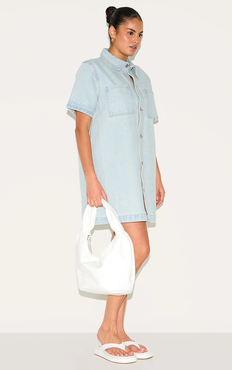 Plus Light Blue Contrast Stitch Denim Shirt Dress