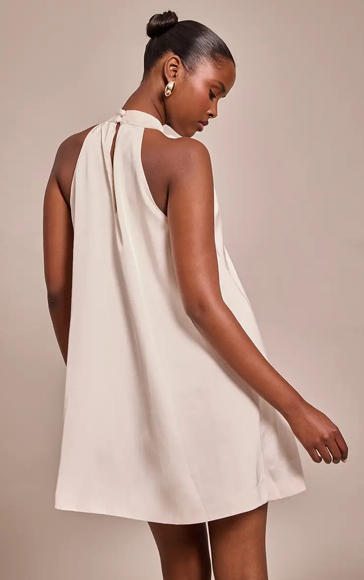Cream Satin Halterneck Mini Shift Dress