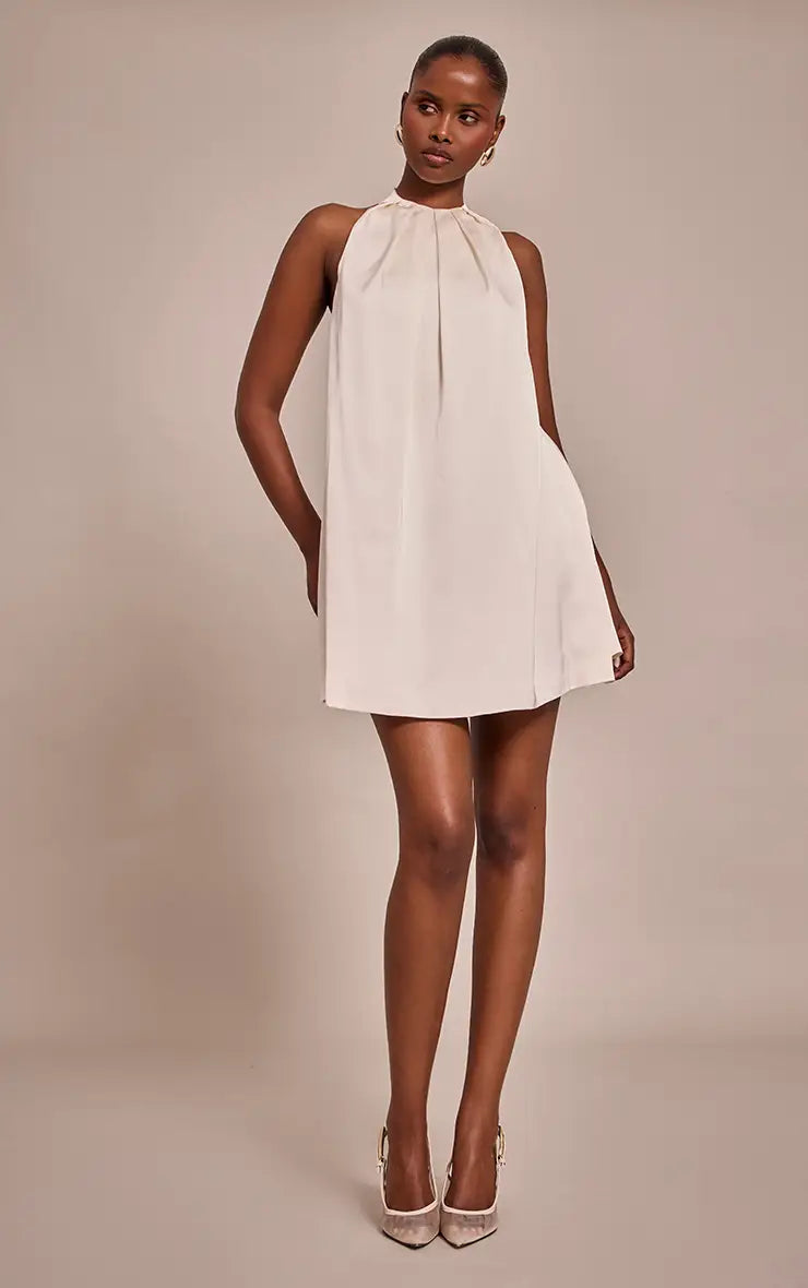 Cream Satin Halterneck Mini Shift Dress