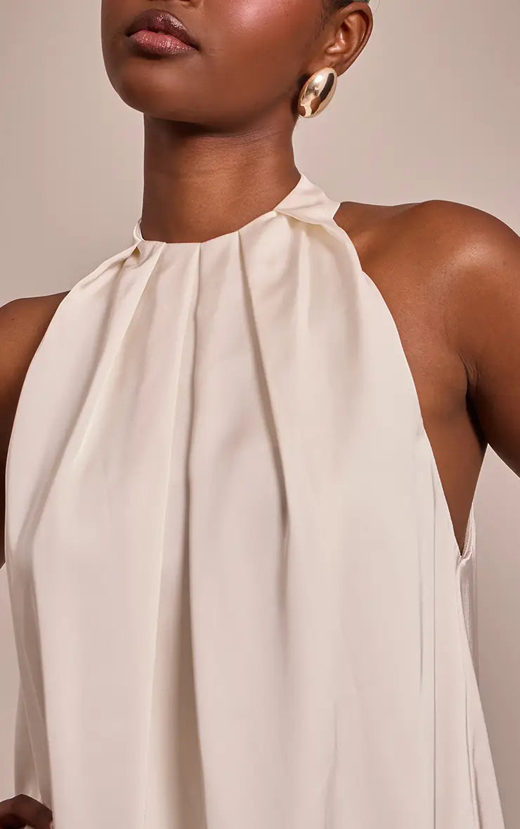 Cream Satin Halterneck Mini Shift Dress