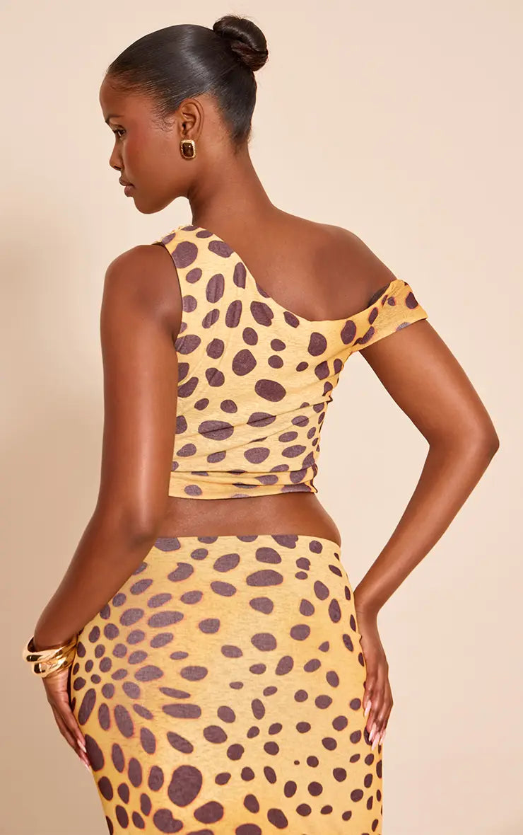 Yellow Leopard Print Onion Skin Sleeveless Asymmetric Hem Set