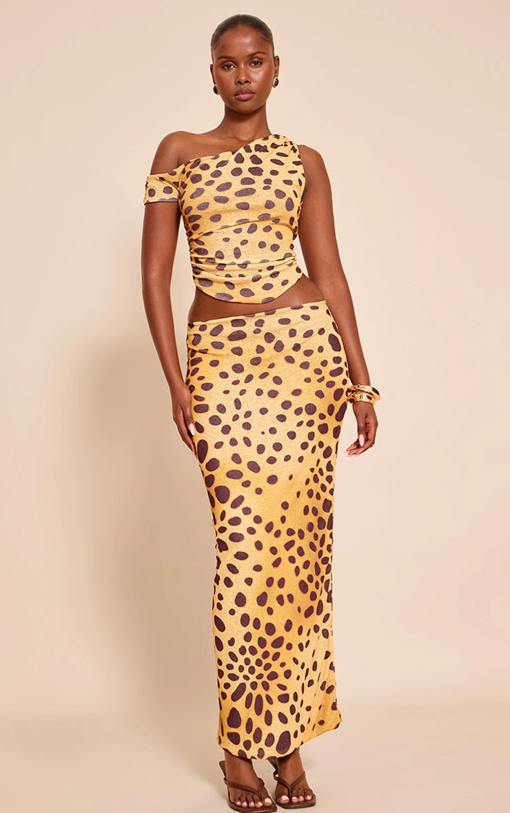 Yellow Leopard Print Onion Skin Sleeveless Asymmetric Hem Set