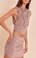 Deep Taupe Slinky Funnel Neck & Ruched Mini Skirt Set
