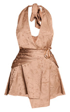 Olive Satin Jacquard Trim Detail Mini Shift Dress