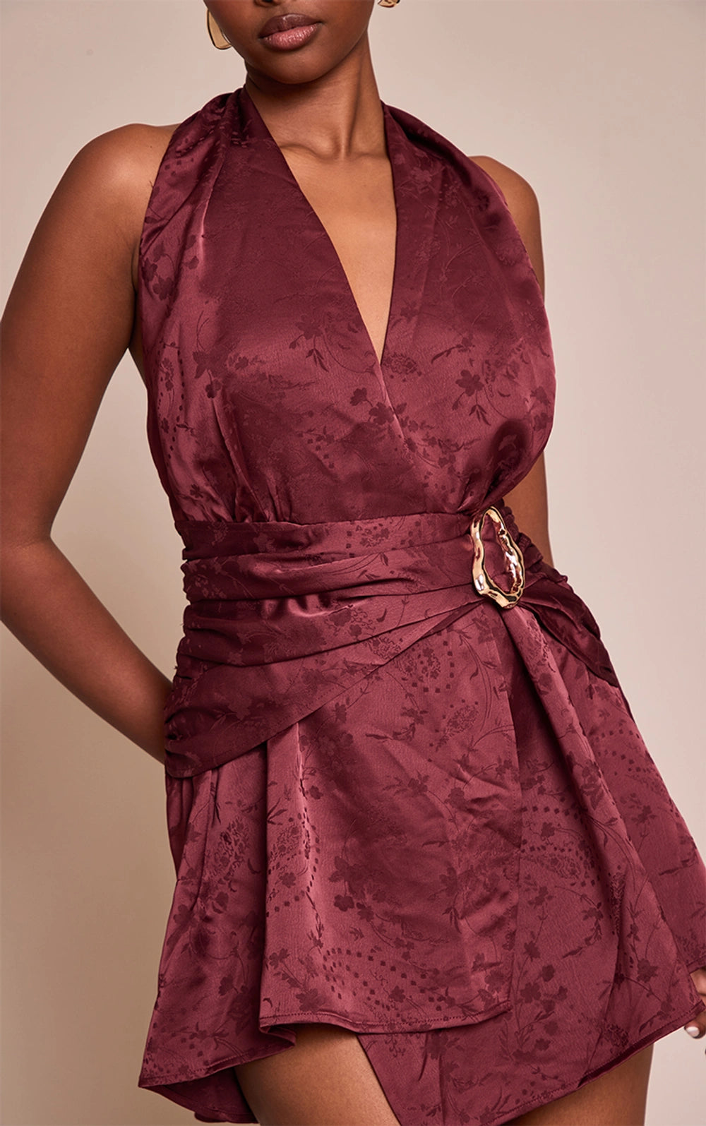 Olive Satin Jacquard Trim Detail Mini Shift Dress