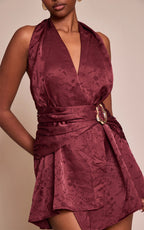 Olive Satin Jacquard Trim Detail Mini Shift Dress