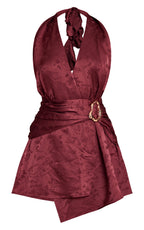 Olive Satin Jacquard Trim Detail Mini Shift Dress