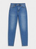 Flat lay of Curvy Fit Stretch Skinny Jeans - Medium Wash on a light grey background