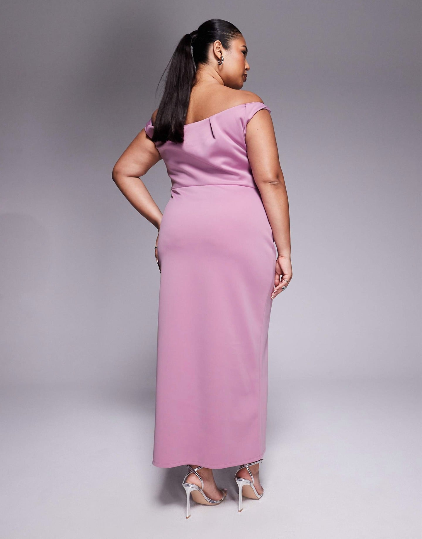 ASOS DESIGN Curve pleated bardot maxi dress in rose in scuba-style fabric